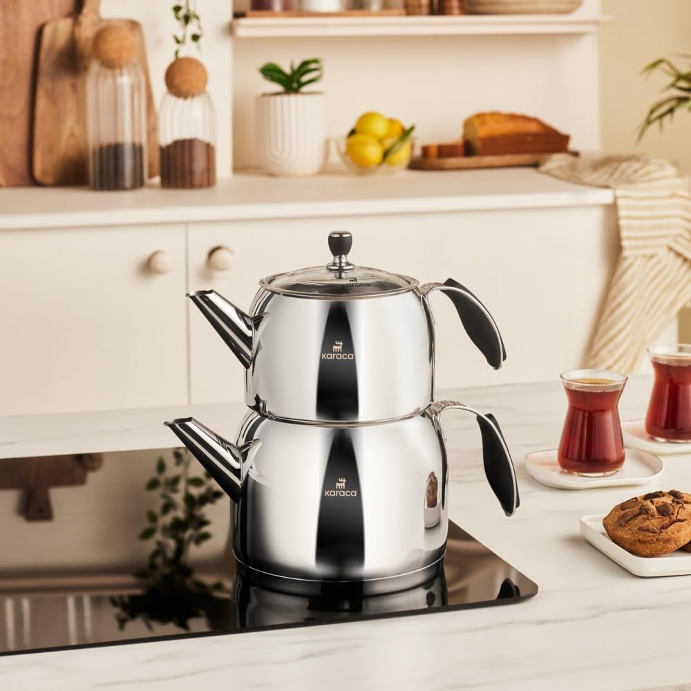 Karaca Stelly 304 Stainless Steel Teapot Set, 2-Piece Dual Layer Tea Maker (3L Total Capacity) – 18/10 Grade INOX Steel – Induction Compatible, Dishwasher Safe & Glass Lid – Silver