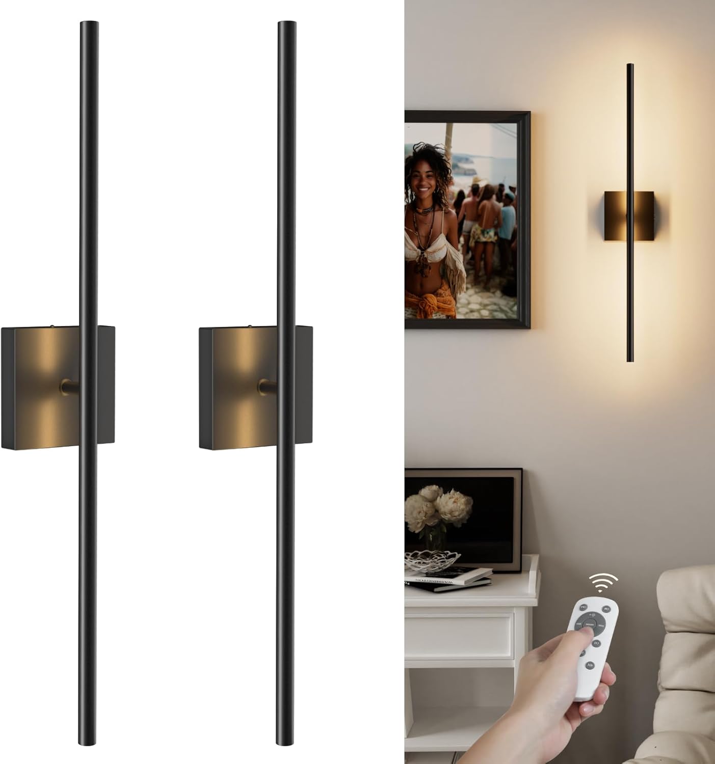 VOLISUN Battery Operated Wall Sconce Set of Two, Black Rechargeable Wall Lights with Remote Control, 3000K-6500K Dimmable Wall Lamp, 27.6 Inch LED Wireless Wall Lights for Bedroom, Living Room,Hallway