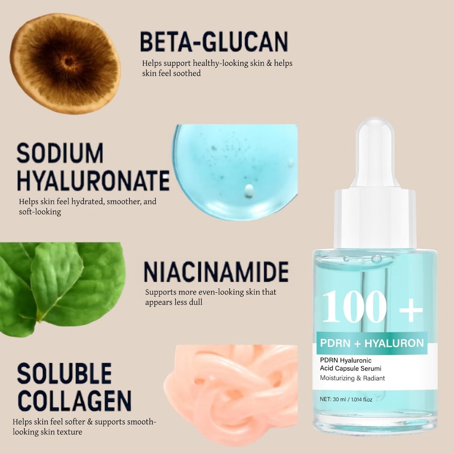 PDRN Serum Hyaluronic Acid Skin Care Hydrating & Radiant Salmon DNA | Face Serum with Niacinamide & Beta Glucan for Moisture Plumping & Lightweight Dry Skin 1.014 fl. oz