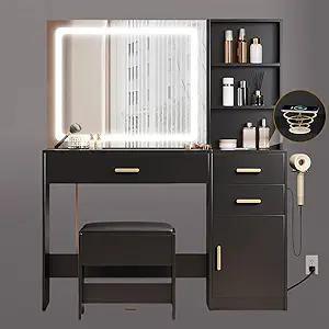 DWVO 45" W Vanity Desk w/Wireless Charging Station & Power Outlet, Vanity Mirror w/Lights Table Set with 4 Drawers, Vanity Set 3 Lighting Modes Brightness Adjustable for Bedroom Studio
