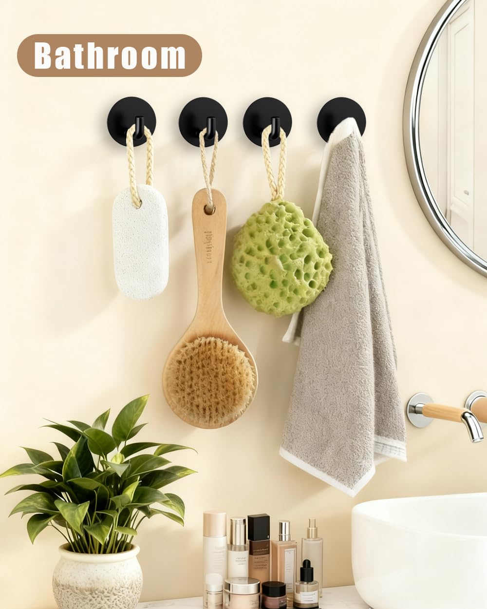 YLITREUS Ganci Adesivi da Parete 8 Pezzi Nero - Ganci Autoadesivi da Parete in Acciaio Inox Nero per Bagno Cucina Camera - Gancio per Asciugamani, Chiavi e Vestiti Senza Forare