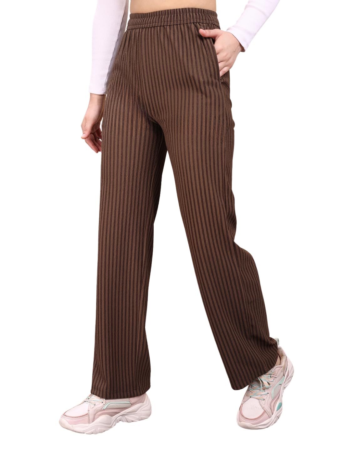 Brown Pin Stripe Comfortable Casual Trouser for Women with Stretchable Fabric