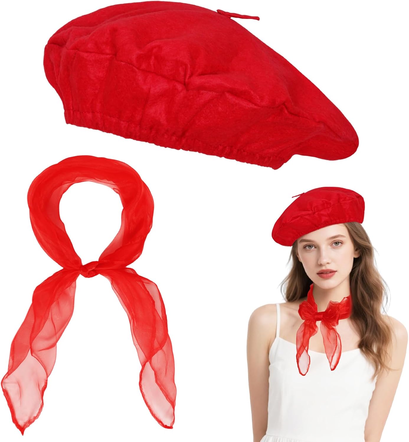 Classic French Beret Hats for Women Man Painter Hat Beret with Silky Scarf Solid Color French Beanie Cap