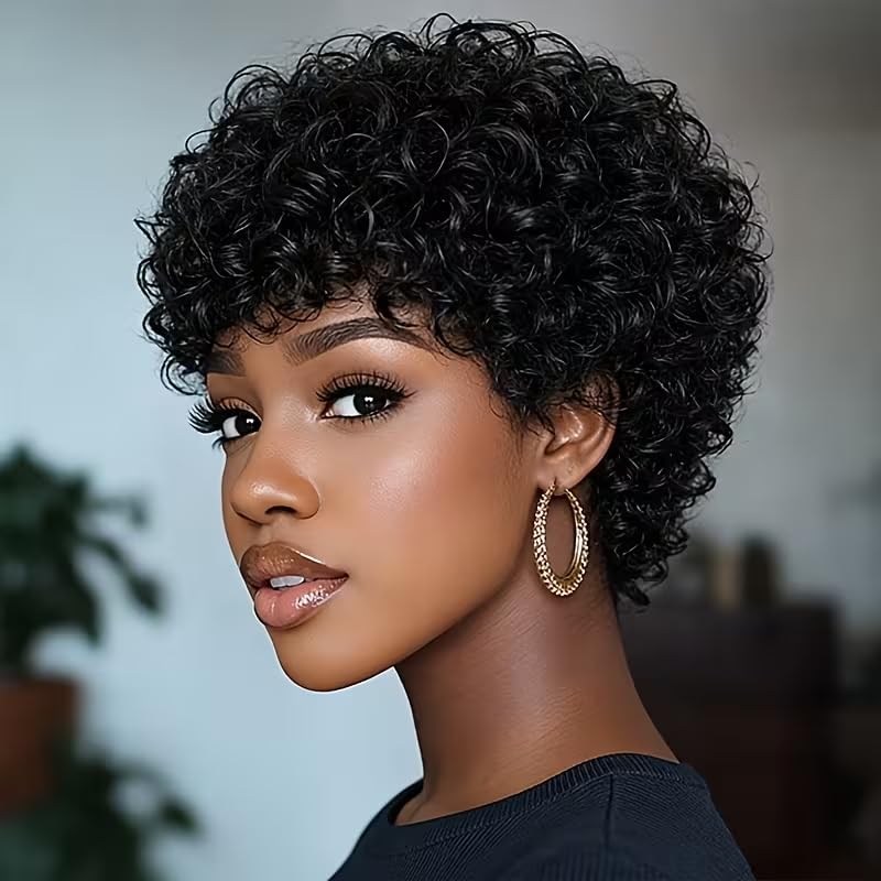 PangDongLai Human Hair Curly Mullet Pixie Wig