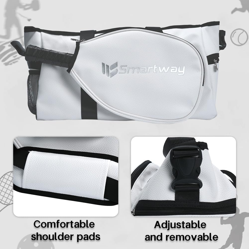 Pickleball Bag, Litchi-Texture PU Leather Sports Tote, Adjustable Crossbody Strap, Waterproof Large-Capacity for Men Women - Image 3