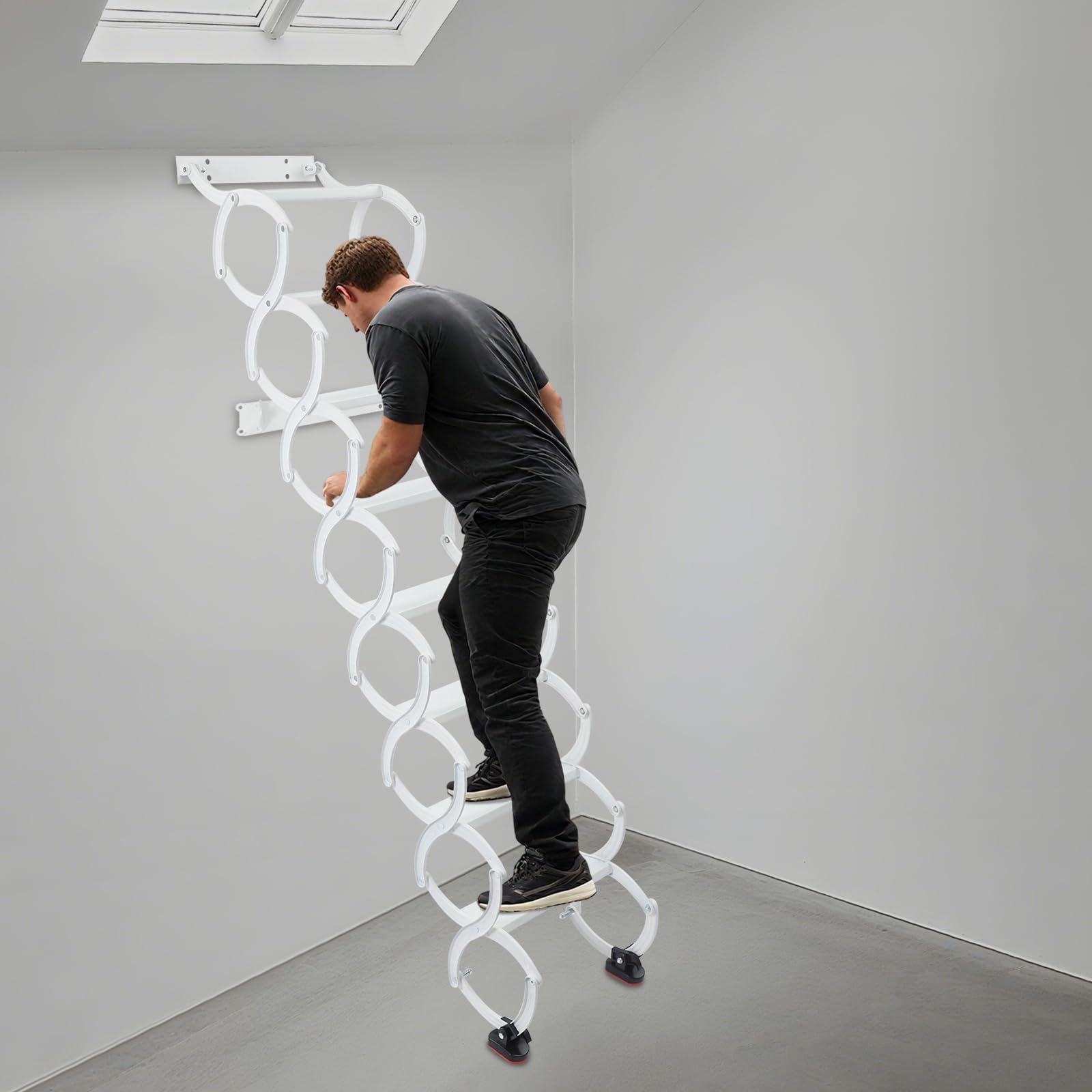 Dachbodentreppe, 8-Step Leiter Ausziehbar, Dachbodenleiter aus Hochmanganstahl, bis zu 200kg, Ausziehbare Klapptreppe für Dachboden, Garage, Keller, Weiß