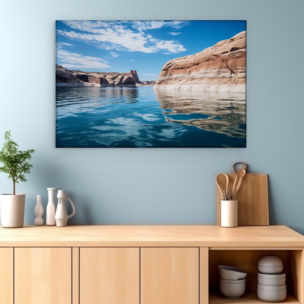 Canvas for Living room. Tranquil Waters and Majestic Cliffs A Symphony of Natural Splendor, 27 x 18 inch Canvas Wall Art - Contemporary Masterpieces - Modern Home Decor