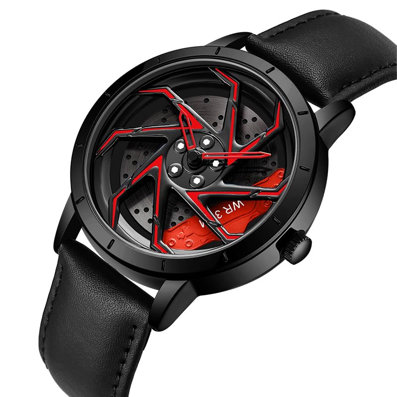 Image of FANMIS Men's Racing Car Wheel Watch 3D Spinning Dial Stainless Steel Watch | Creative 3D Spinning Car Quartz Large Skeleton Face and 30M Water Resistance Designed for Car Fans and Daily Wear.