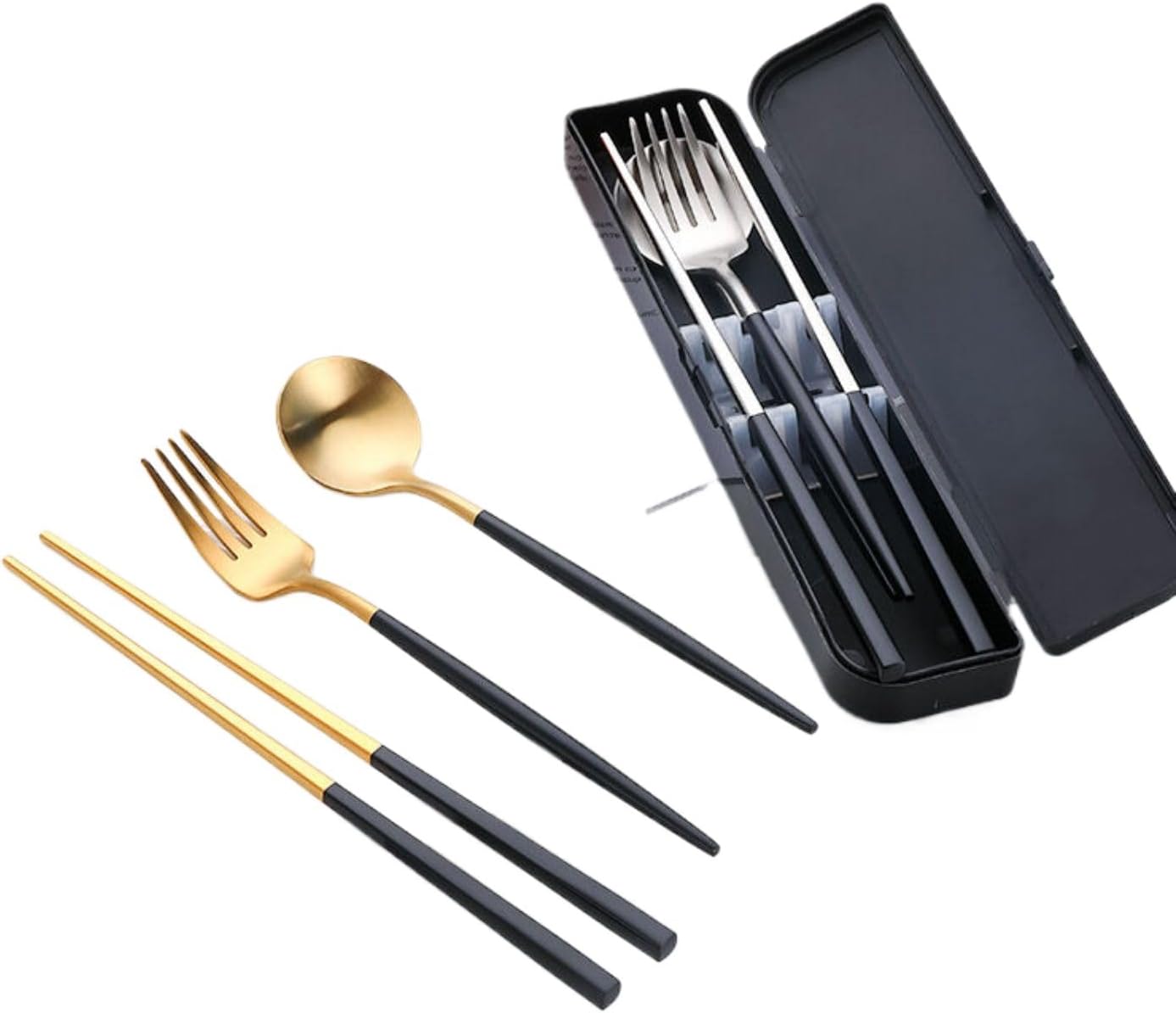 筷子勺子 Stainless Steel Long handled soup spoons，Spoons,Meal spoon 套装 学生子单人 便携带收纳木质旅行盒餐具三件套 Household Cleaning，Kitchen Storage Essentials