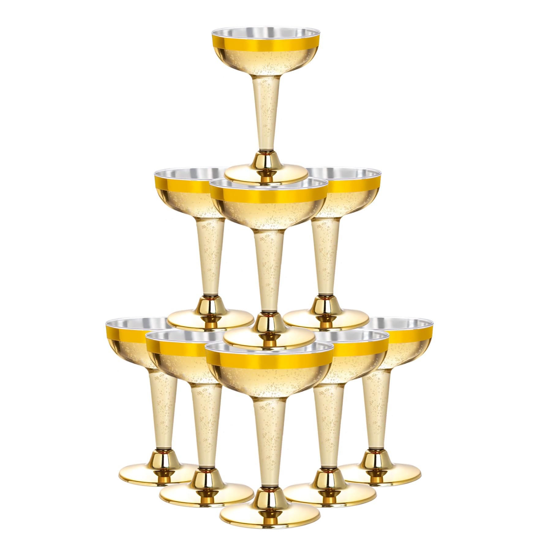 Lullaby Paquete de 50 copas de champán desechables de 5 onzas con borde dorado, elegantes, irrompibles y transparentes, perfectas para bodas, fiestas, cumpleaños y ocasiones especiales