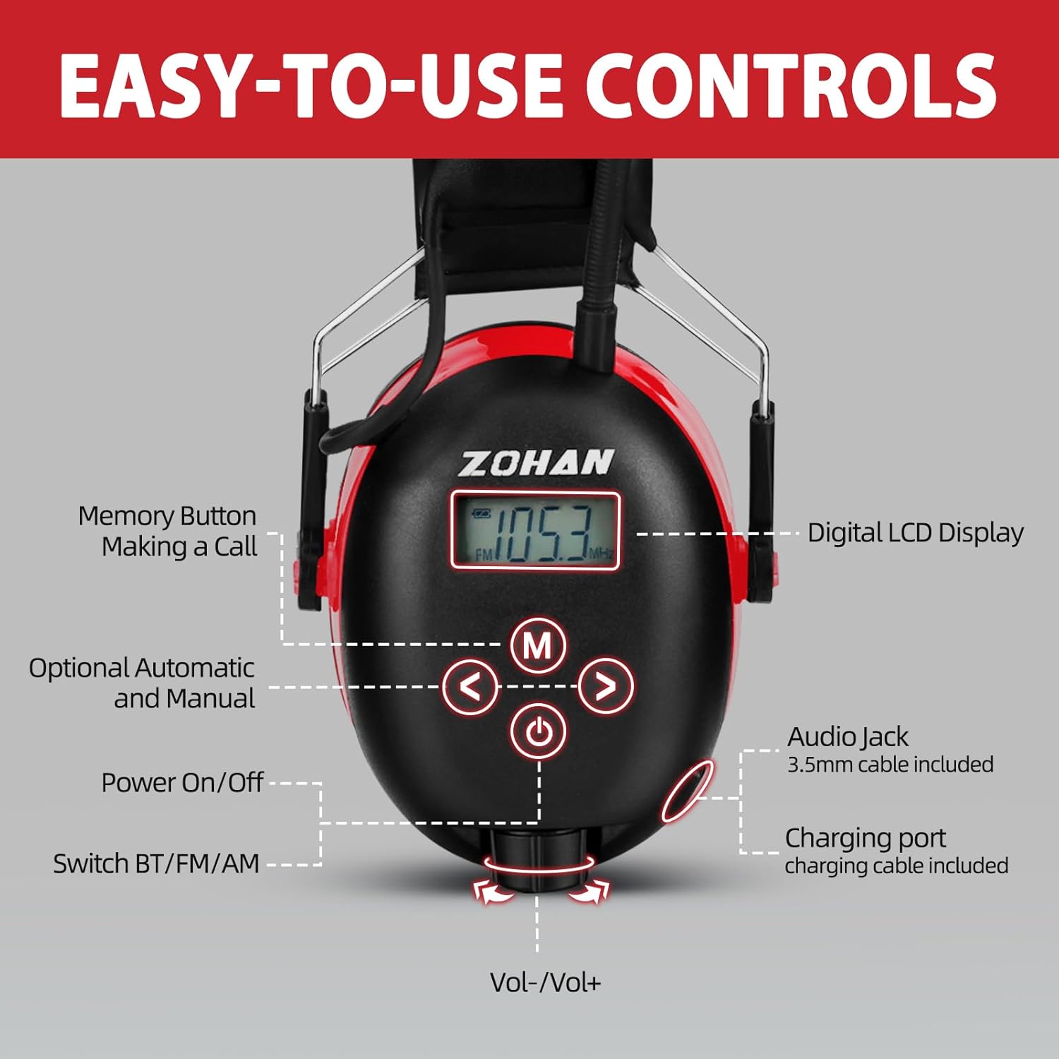ZOHAN 033 Bluetooth AM/FM Radio Headphones with 2000mAh Rechargeable Battery,25dB NRR Noise Reduction Safety Earmuffs - Image 5