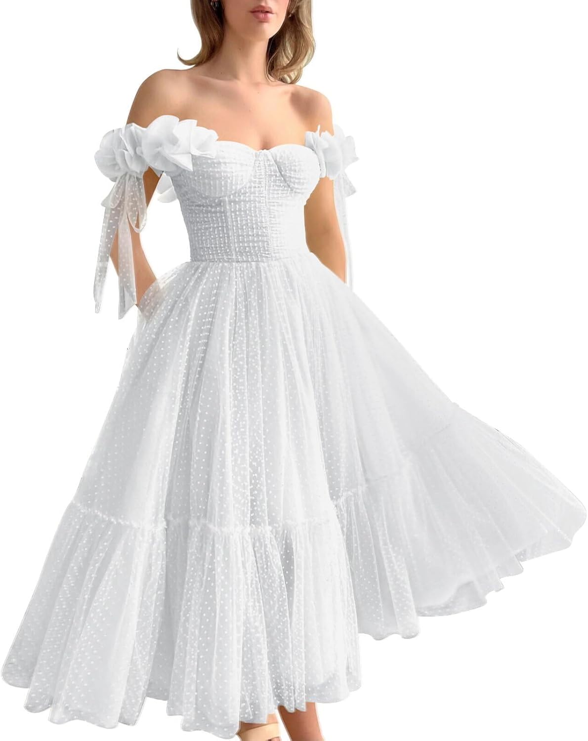 Dotted Tulle Off The Shoulder Prom Dresses for Women 2026 Tea Length Sweetheart Midi Puffy A Line Formal Party Gowns YH71