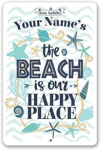 Personalized - The Beach is Our Happy Place - Custom Beach House Decor, Sea Shells Front Beach Display, Surf Camp Wall Accessories and Gift Idea,