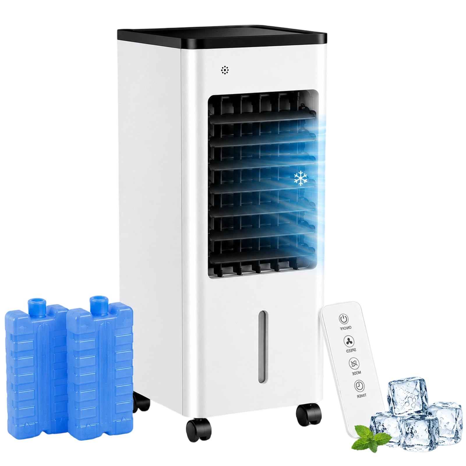 15L Portable Evaporative Air Cooler Fan with Ice Cooling for Home, Air Cooler Fan with 3 Speeds, Remote Control, 7.5H Timer, Oscillating Cooling Fan on Wheels for Bedroom & Office