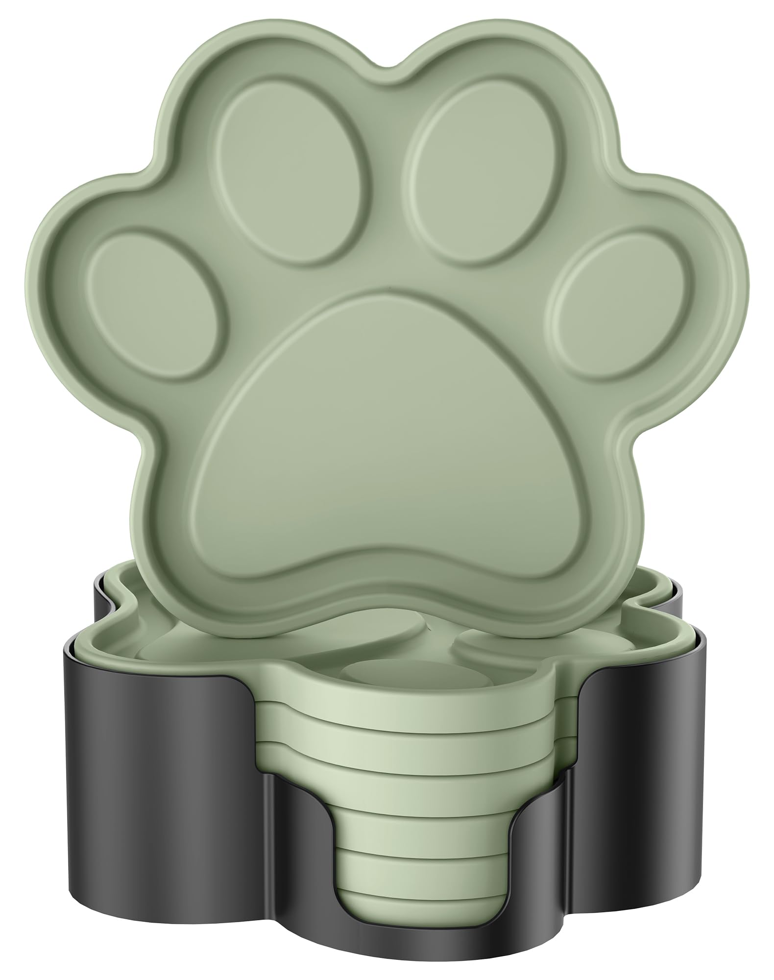 STLIAN Silicone Coasters 6 Pack Paw Cup Mat with Holder, Dog Cat Paw Shape, for Hot or Cold Drink, Non-Slip, Non-Stick, Room Decor, Housewarming Desert Sage