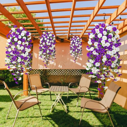 Image of Bassion 2 Packs Artificial Hanging Flowers for Outdoors, Purple White