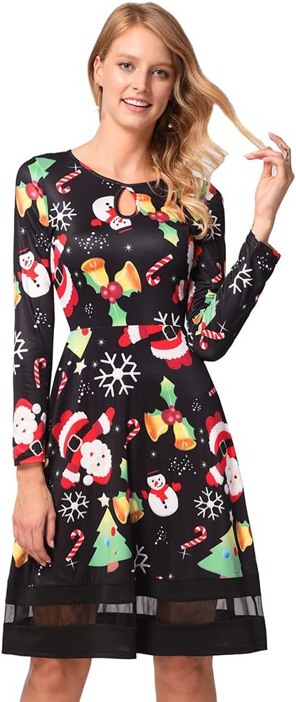 BOMBAX Women Ugly Christmas Sweater Funny Formal Swing Party Skater Short Dress