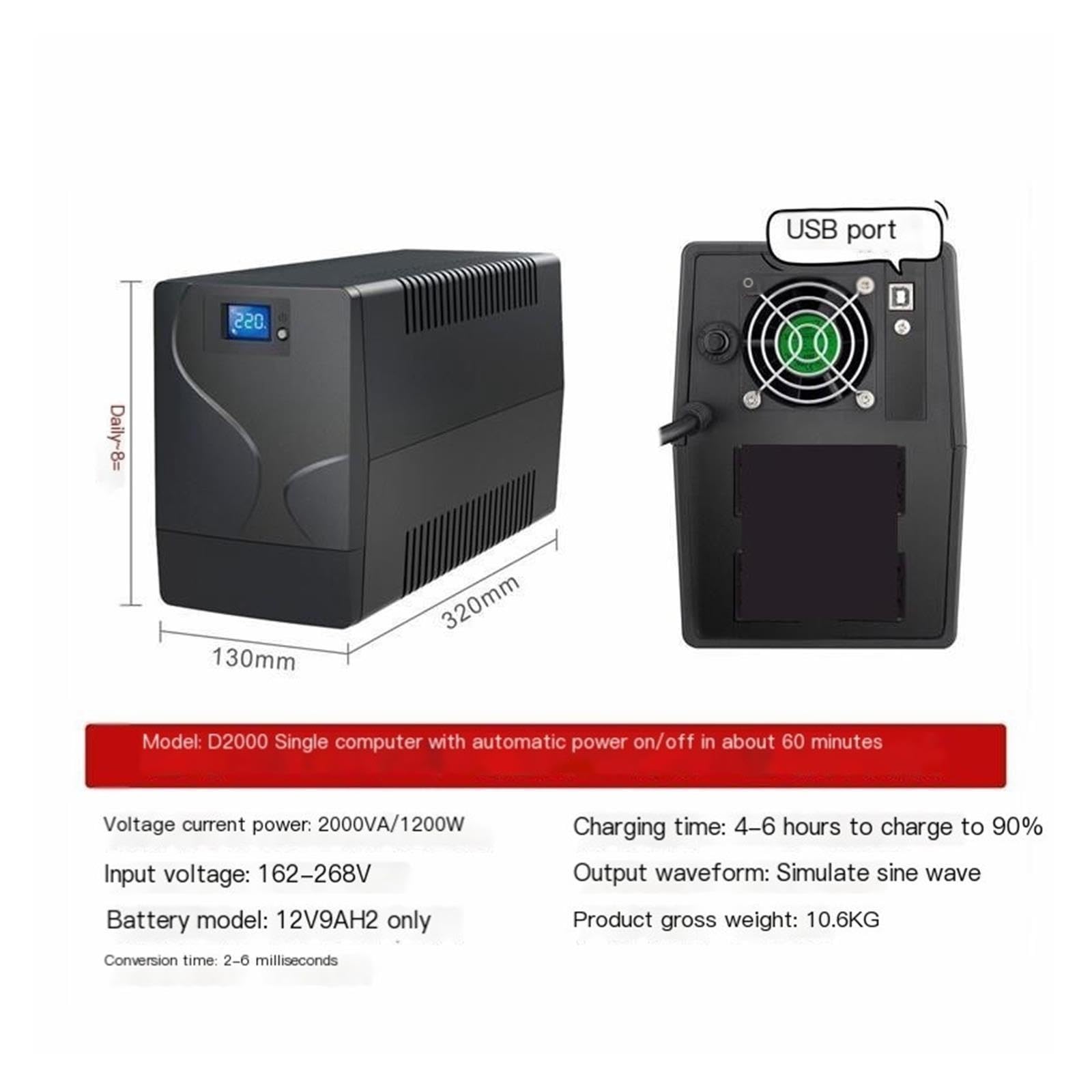 Alimentación ininterrumpida de UPS, UPS en línea de D2000-1200W 2000VA