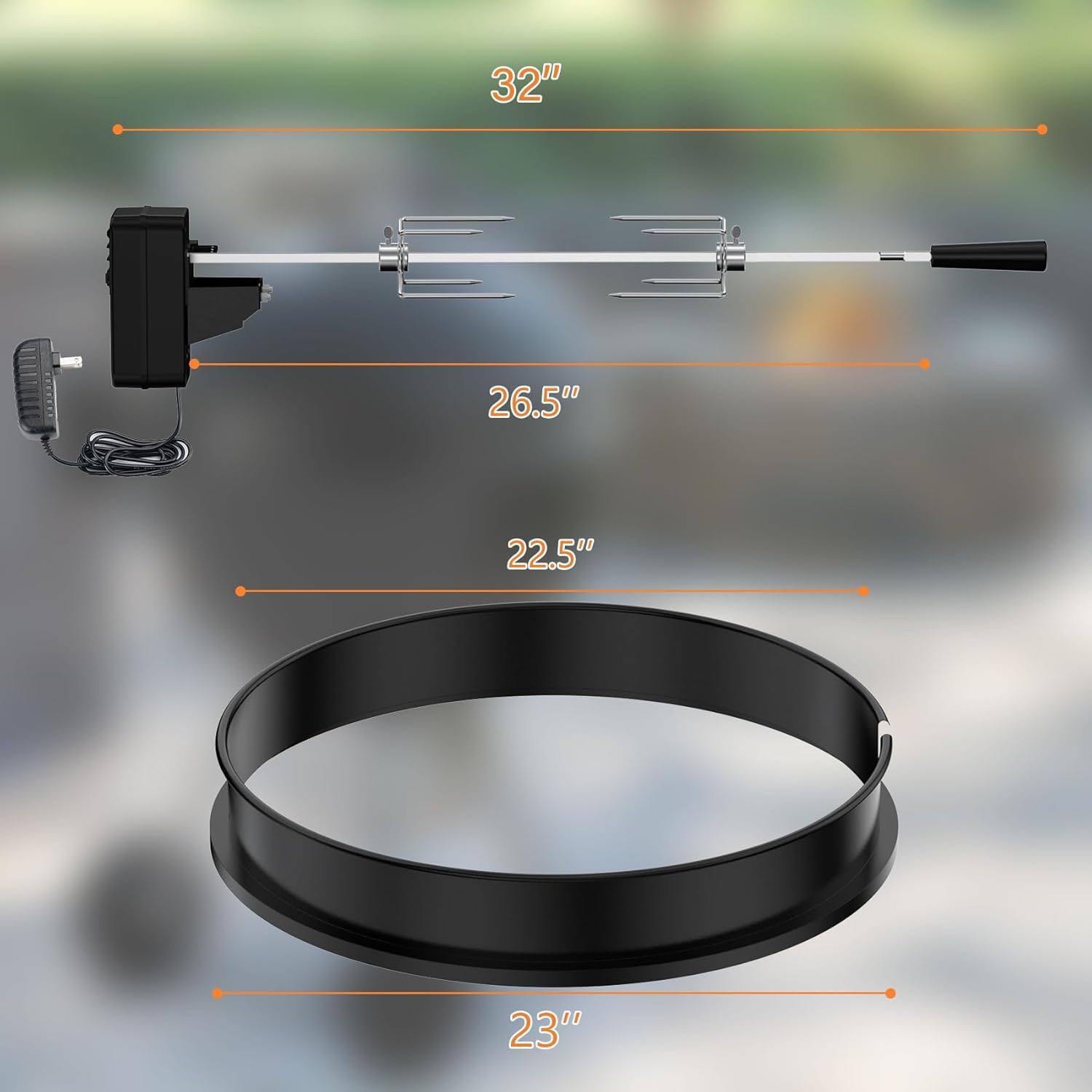Skyflame Charkettle Rotisserie Ring Kit with DC Motor and Adapter, Compatible with 22" Weber Kettle Charcoal Grills and Other Similar Size Models