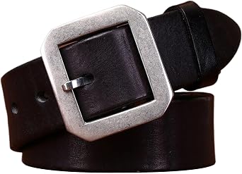Thick Genuine Leather Belt Men, Vintage Square Silver Pin Buckle Mens Belt Adjustable Western Belt for Jeans Pants