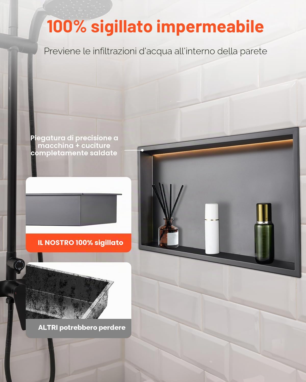 VEVOR Nicchia per Doccia, 33,0 x 63,5 x 10,2 cm, Nicchia in Acciaio Inossidabile da Incasso a Parete con Striscia LED, Porta Sapone e Shampoo, Sigillato Impermeabile, Singolo Strato, Nero