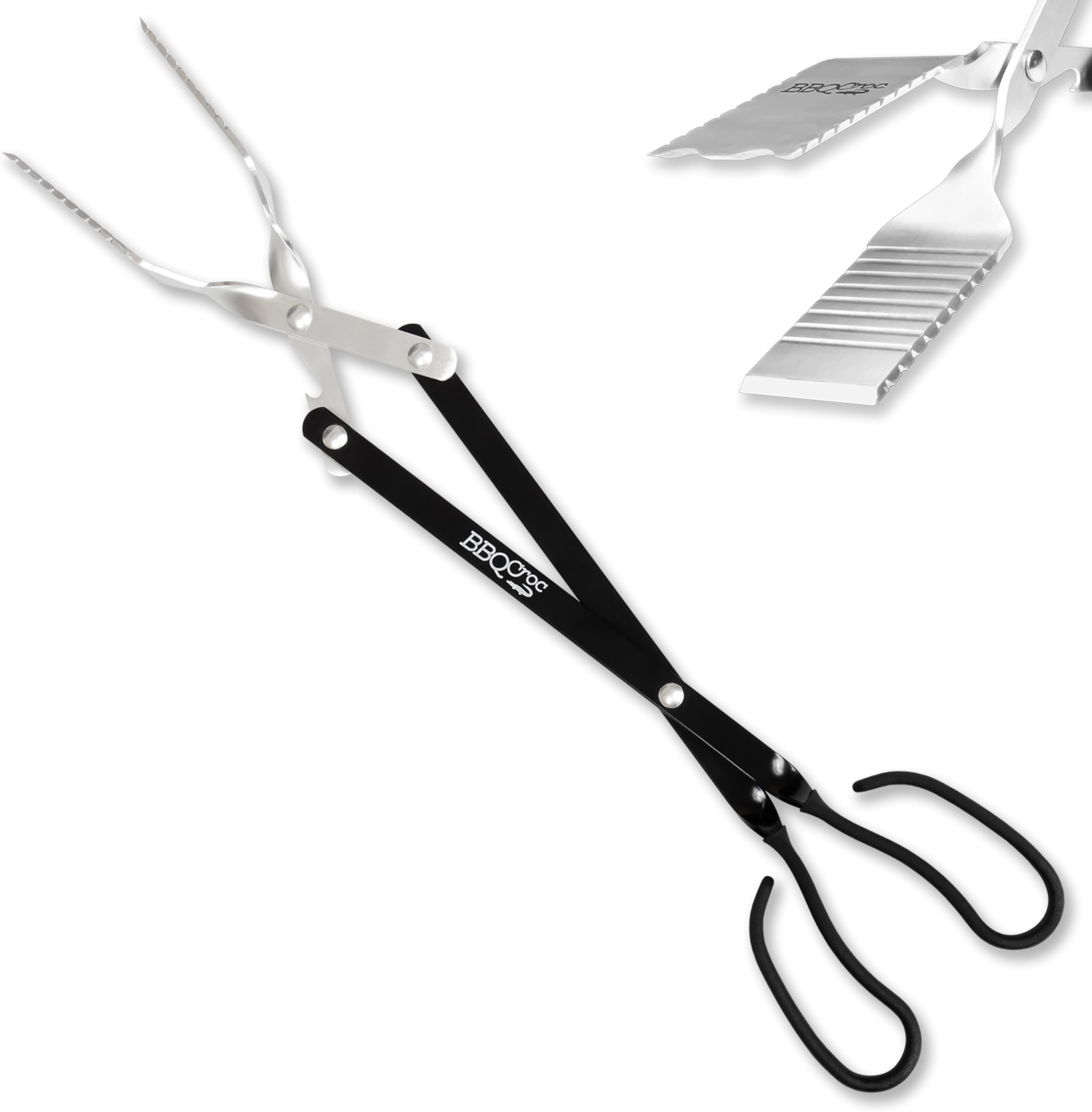 3-in-1 Barbecue Tool 21-inch by BBQ Croc - Extra Light and Xtra Long Tongs, Spatula and Grill Scraper (Black)