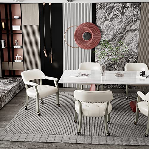 LEEMTORIG-Dining-Chairs-with-Casters-and-Arms-Accent-Kitchen-Table-Chairs-with-Wheels-Roller-Poker-Table-Chairs-Wooden-Game-Table-Chairs-Captains-Chair-Grey-Legs-Ivory-SY-1318-WT