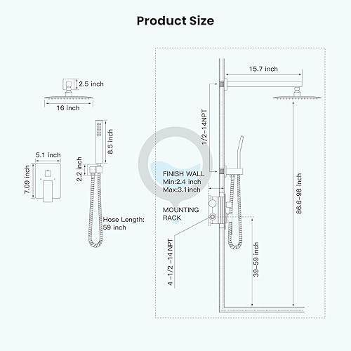 Miniatura 77 de gotonovo - Sistema de ducha de lluvia de 10 pulgadas de níquel cepillado de lujo, cabezal de ducha de alta presión, juego de grifo de ducha de mano