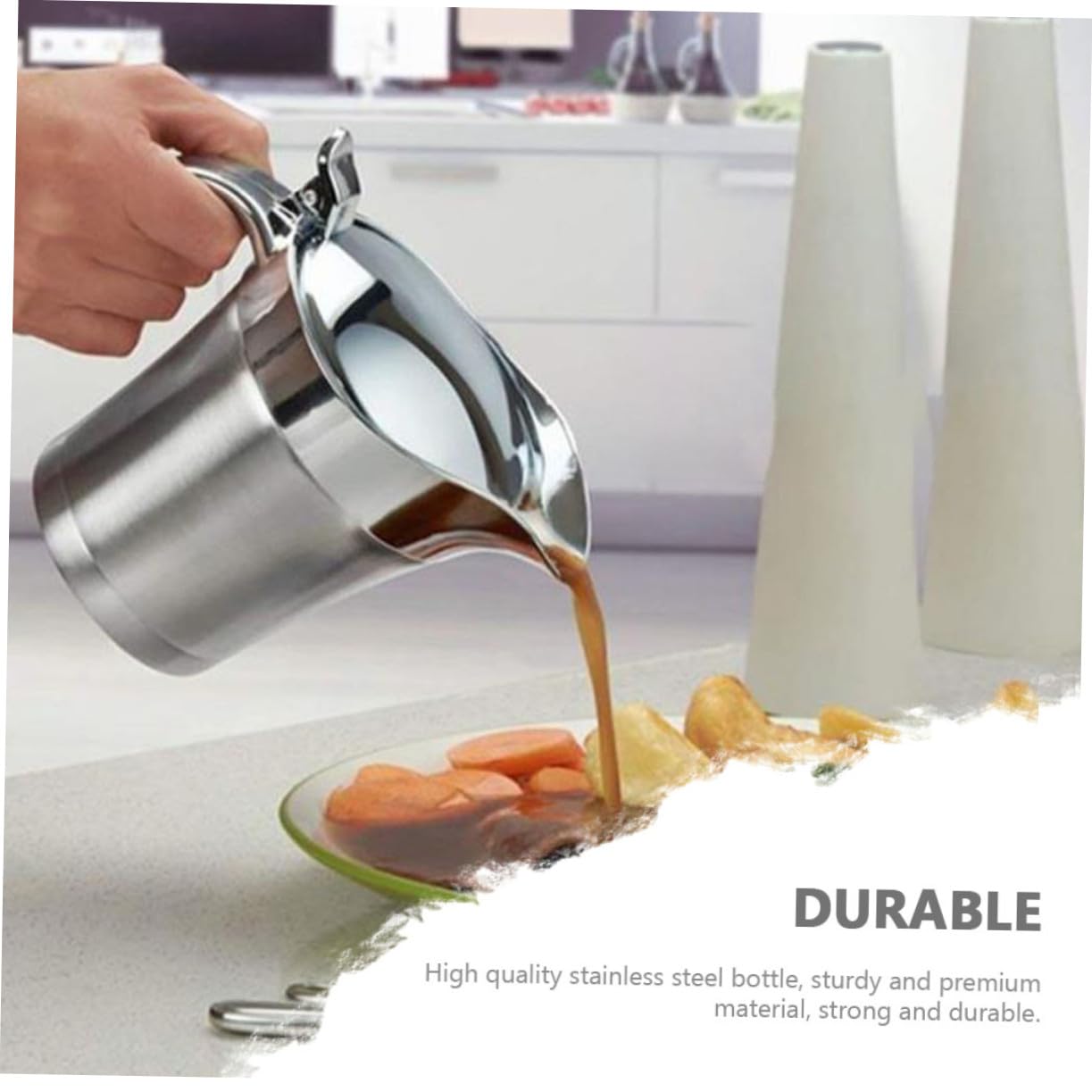 Zerodeko Pot à Sauce Inox 304 Double Paroi 450 Ml Couvercle en Acier Inoxydable Distributeur Isolant pour Restaurant la Cuisine Maison