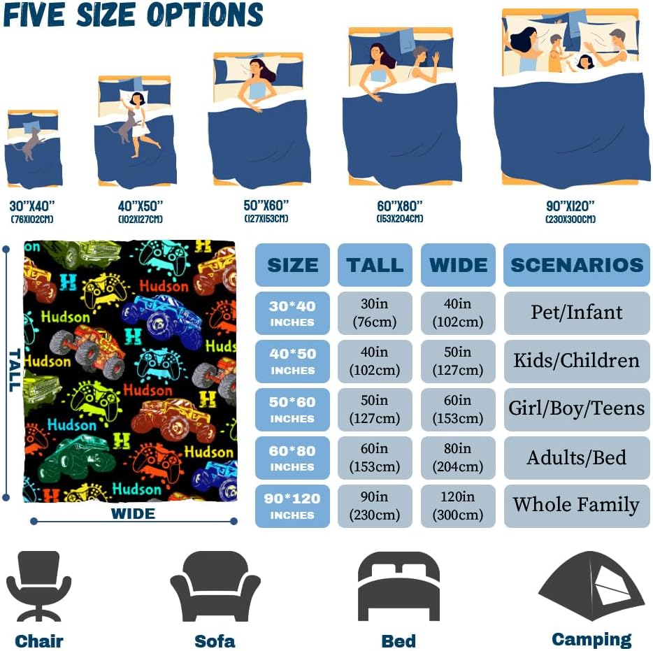 Personalized Custom Colorful Game Truck Name Blanket for Boys & Girls, Soft Cozy Swaddle Newborn Receiving Blanket with Name, Christmas Birthday Gift 50''x 60''