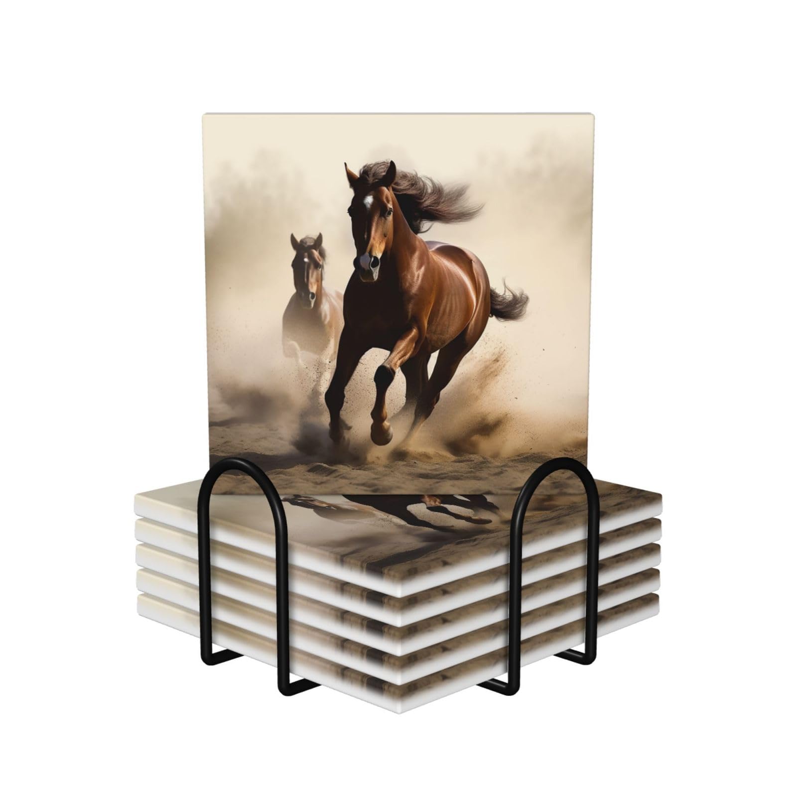 6Pcs Ceramics Coaster for Drinks, Animals Horse Running Cup Coasters with Holder, Aesthetic Drink Coasters for Coffee Table, Absorbent Round Coaster for Tabletop Protection 4" Cup Mat Pad