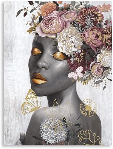 Miniatura 2 de Arte de pared de mujer afroamericana americana abstracto de mujer negra cuadro floral rosa lámina dorada mariposa lienzo impreso para decoración de