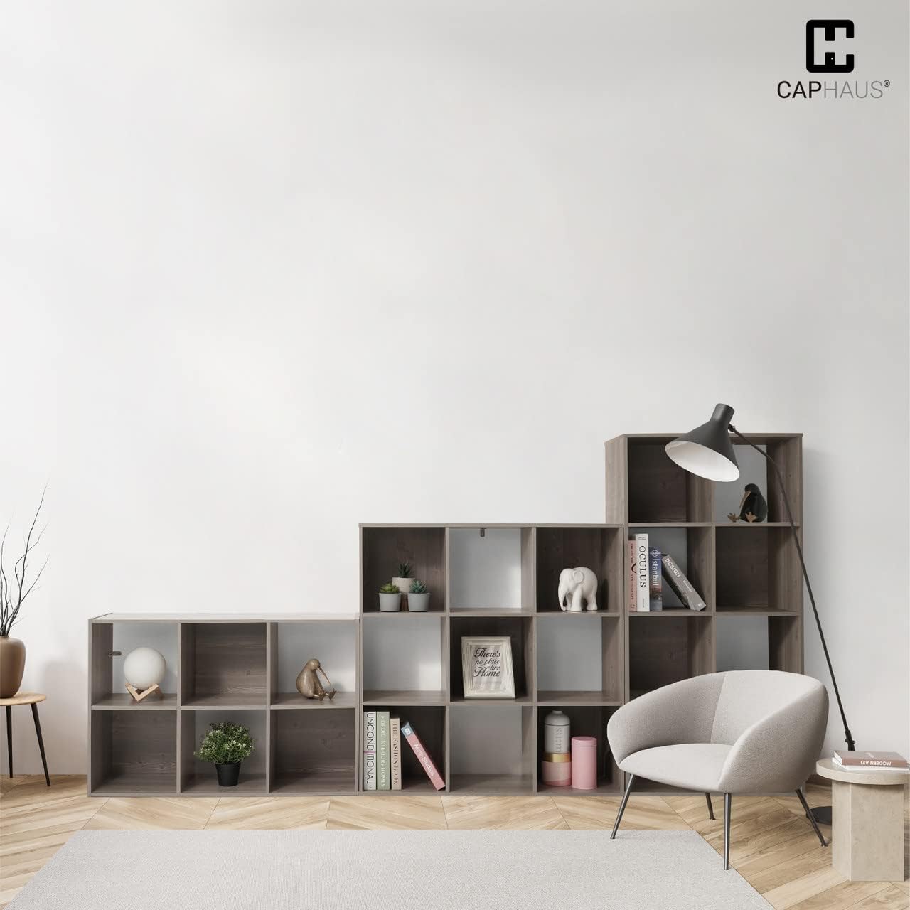 CAPHAUS Sturdy Room 11-Inch Cube Storage Organizer Shelf, with Thick Exterior Edge, Storage Shelf Divider w/Back, Bookcase, 8-Cube, Rustic Grey Oak