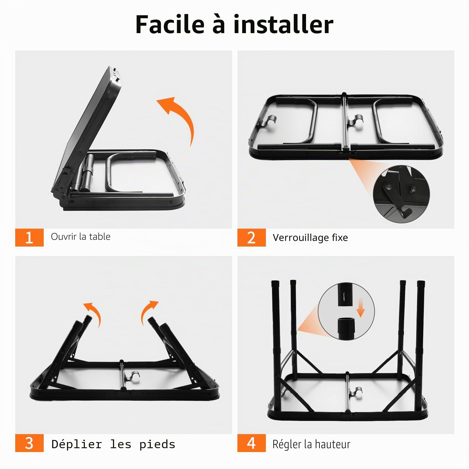 Table Pliante Compacte 60x40 cm 2 Hauteurs Réglables 26 55 cm Plateau MDF Noir Mat Pieds Aluminium Léger Poignée Transport pour Camping Pique-Nique Balcon Jardin