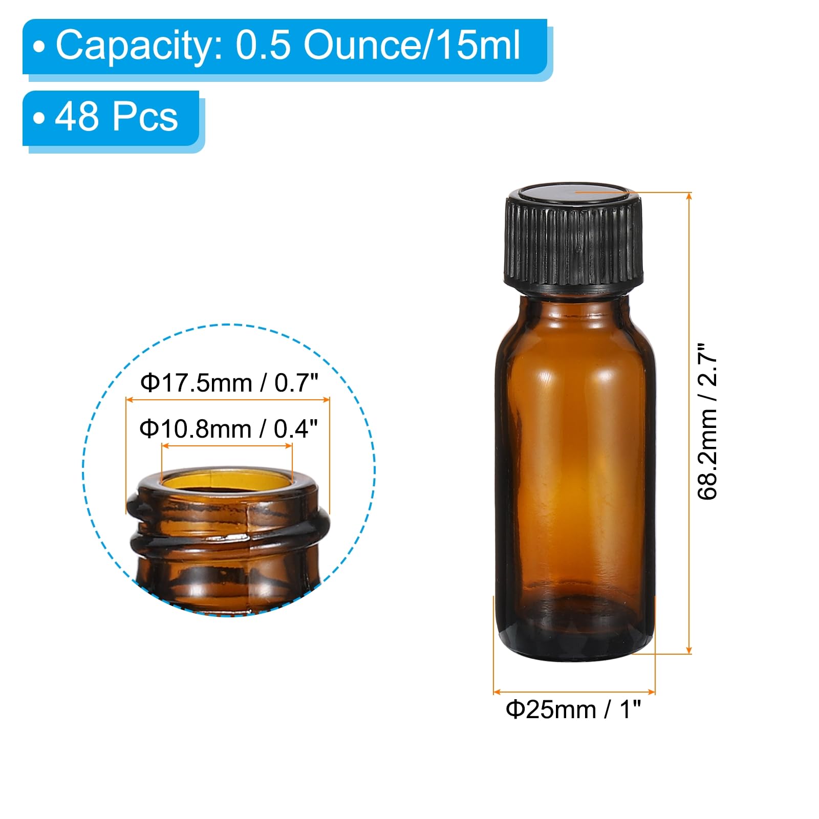 PATIKIL 0.5oz(15ml) Flaconi Vetro Modello, 48Pezzi Flaconi Rotondi Con Cappa Conica Nera In Poli Per Liquidi Reagenti, Oli Essenziali, Profumo, Ambra