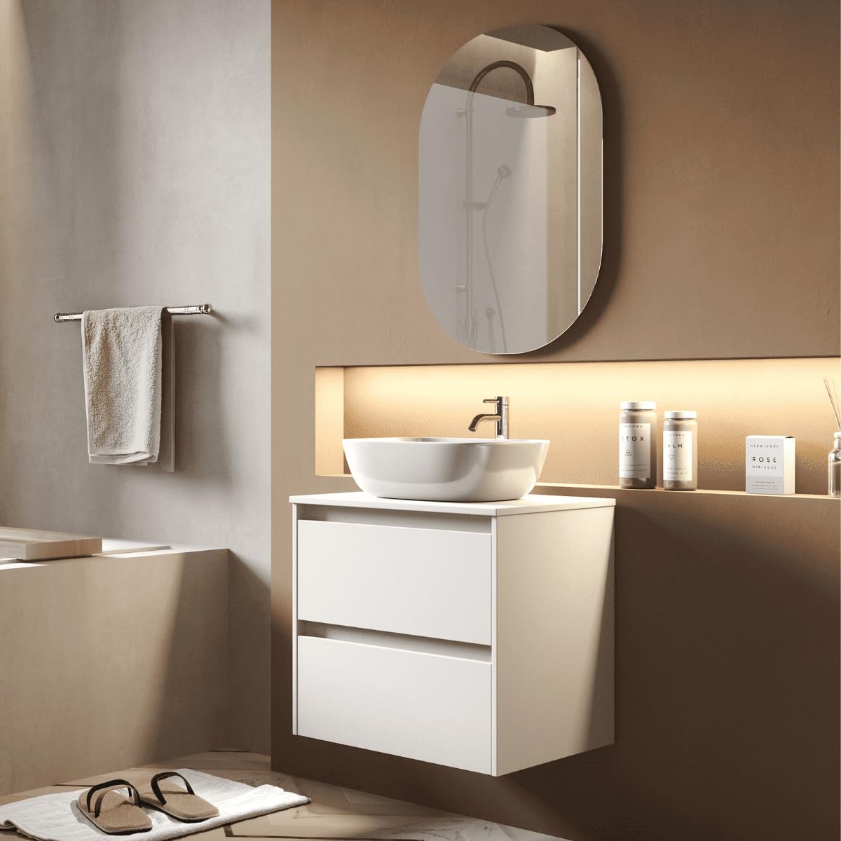 Mueble de Baño Suspendido con Lavabo Sobreponer Cerámico | Mueble Volado 2 Cajones | 60 cm Blanco Mate