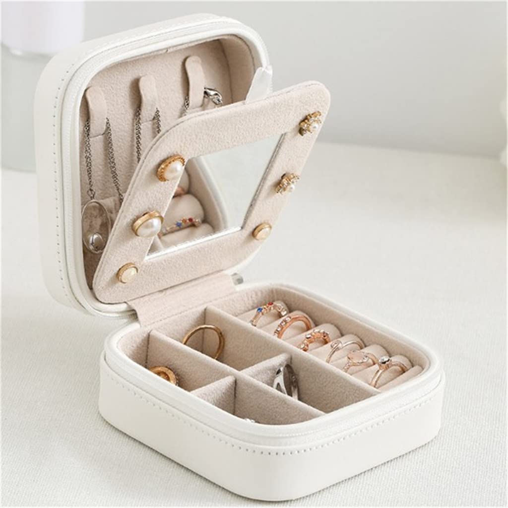 Double-Layer Womens Mini Stud Earrings Rings Jewelry Box Useful Makeup Organizer with Zipper Travel Portable Jewelry PU Box
