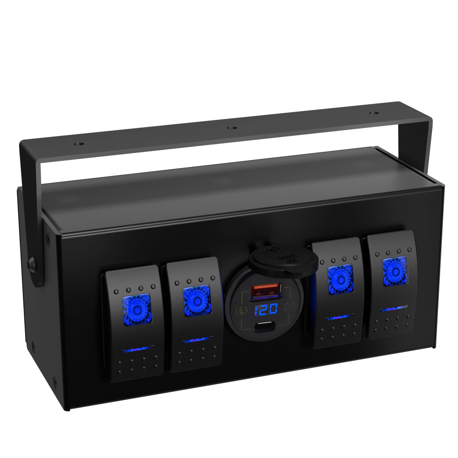 4 Gang Rocker Switch Panel Waterproof with Dual USB QC3.0+PD 18W+Voltmeter Blue Led Pre-WiredOne Hole Surface Mount Box Enclosure for Marine Car Boat RV