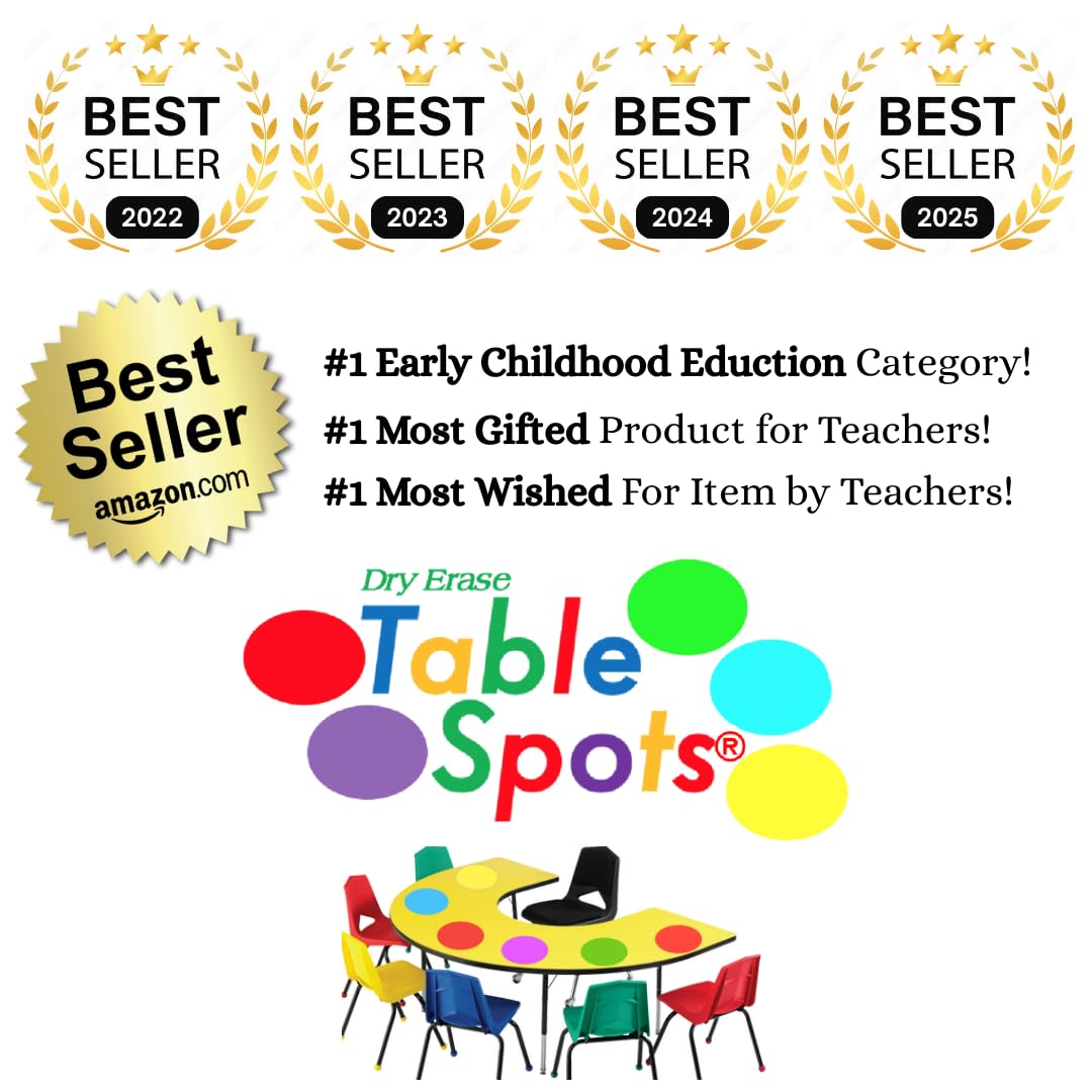 New Larger Size! | The Original Table Spots for Teachers | No Staining, No Shadowing, Complete Erase! Dry Erase, 10 Pack Multicolor Circles, Wall Stickers, Decals