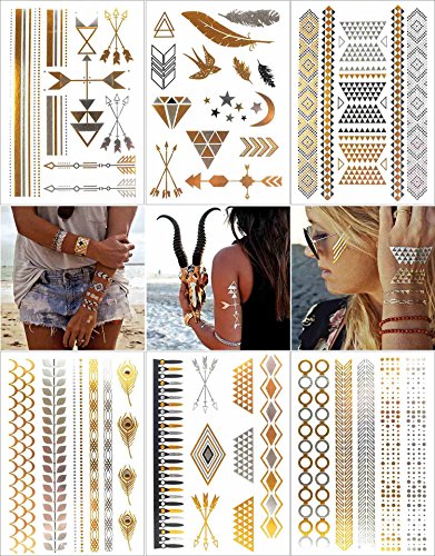 COKOHAPPY 6 Sheets Fake Jewelry Metallic Temporary Tattoo , Universe Wing Feather Dream Catcher Gold Silver