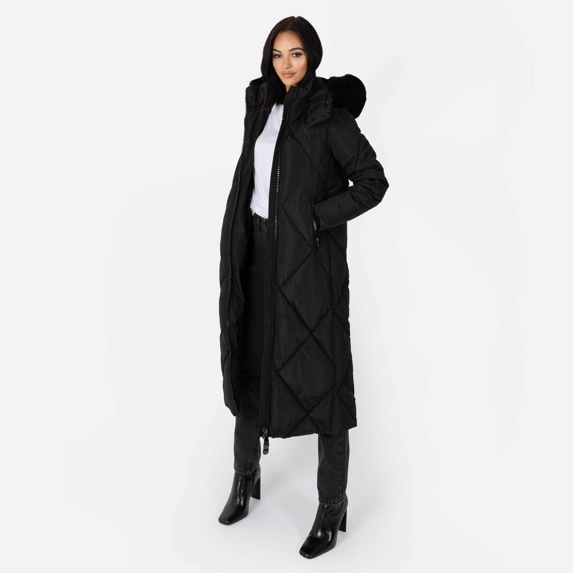 Lovedrobe Women's Winter Jacket Ladies Coat Puffer Removable Faux Fur Hood Pockets Quilted Padded Longline Puffa Outerwear Capa Mujeres