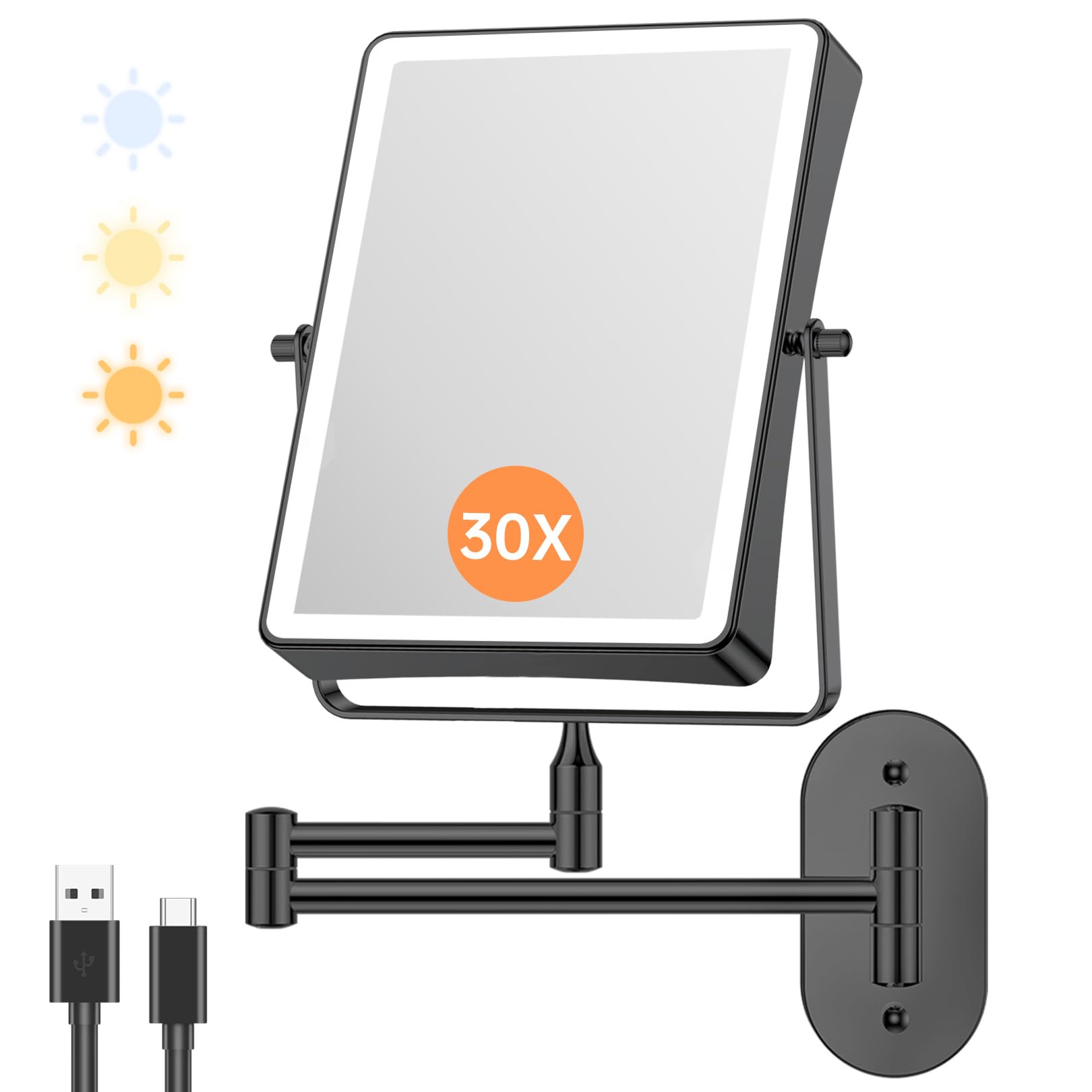Famihomii 5000mAh Wiederaufladbar Kosmetikspiegel mit LED Beleuchtetung, Schminkspiegel mit 1-/30X Vergrößerung Und Touchschalter Batterie, Dimmbarer Rasierspiegel 360° Schwenkbar Wandmontage