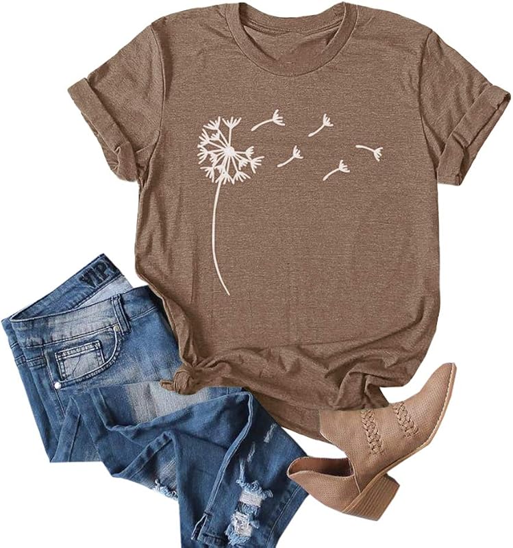 Women Dandelion Print T Shirt Graphic Short Sleeve Summer Tee Top