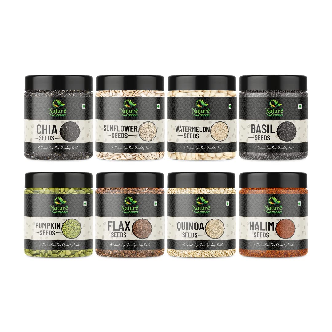 Nature Connect Edible Seeds Combo (250 gm x 8) Total Weight 2 kg Chia, Sunflower, Watermelon, Pumpkin, Flax, Basil, Quinoa and Halim Seeds [Jar Pack]