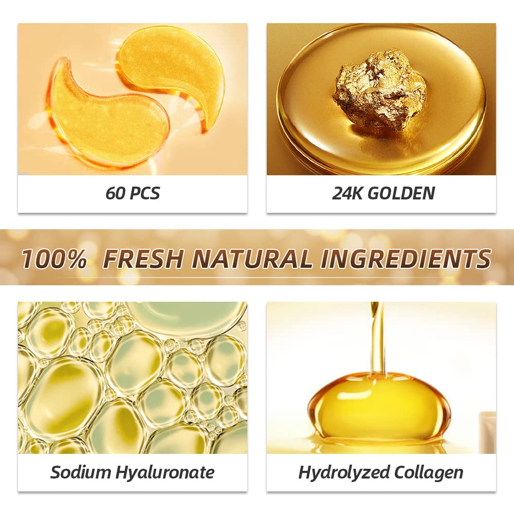 24k Gold Under Eye Patches (60 PCS) eye mask, Collagen Skin Care Products, Eye Patches for Puffy Eyes masks for dark circles, Wrinkles and puffiness, Revitalises and Refreshes Your Skin 2