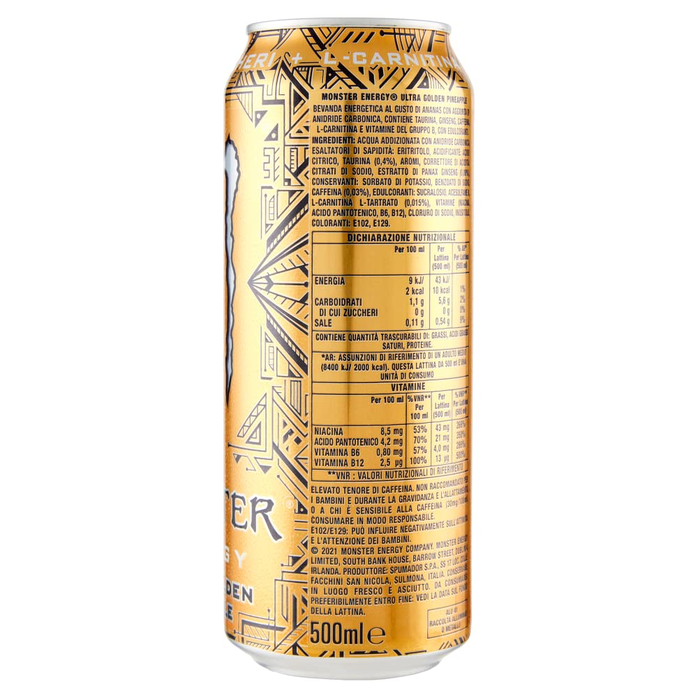 Italian Gourmet Energy Zero Ultra Gold bevanda energetica 48 x 500ml Ananas | Ohne Zucker, gusto tropicale frizzante, Dose für Party, Sport, Arbeit und, Gesamtnettogewicht 24 L + Kostenlos Polpa 400g