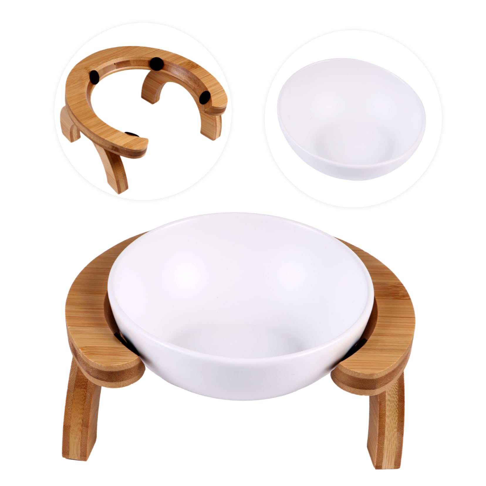 Ciotola Rialzata per Pet Supporto in Legno e Ceramica Bianca | Set 1 Pezzo, Uso Domestico o Negozio per Animali, Adatta a Cane e Gatto, Struttura Stabile Anti-ribaltamento