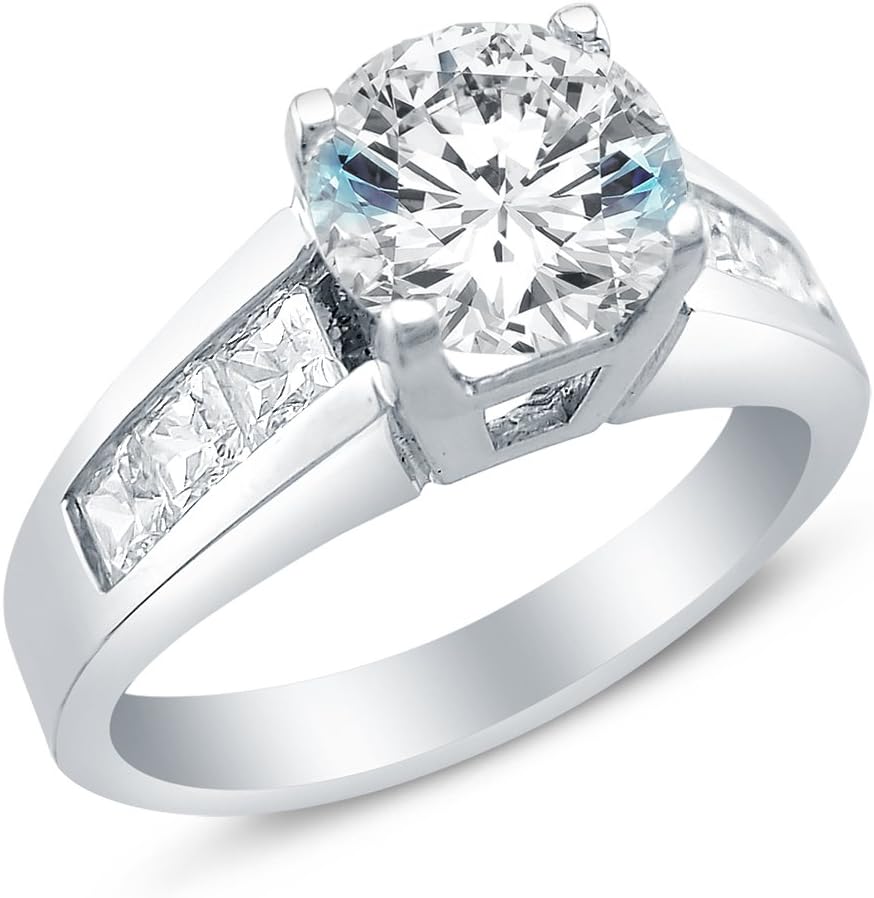 Solid 14k White OR Yellow Gold Round Brilliant Cut Solitaire with Princess Cut Side Stones CZ Cubic Zirconia Engagement Ring 1.75ct.