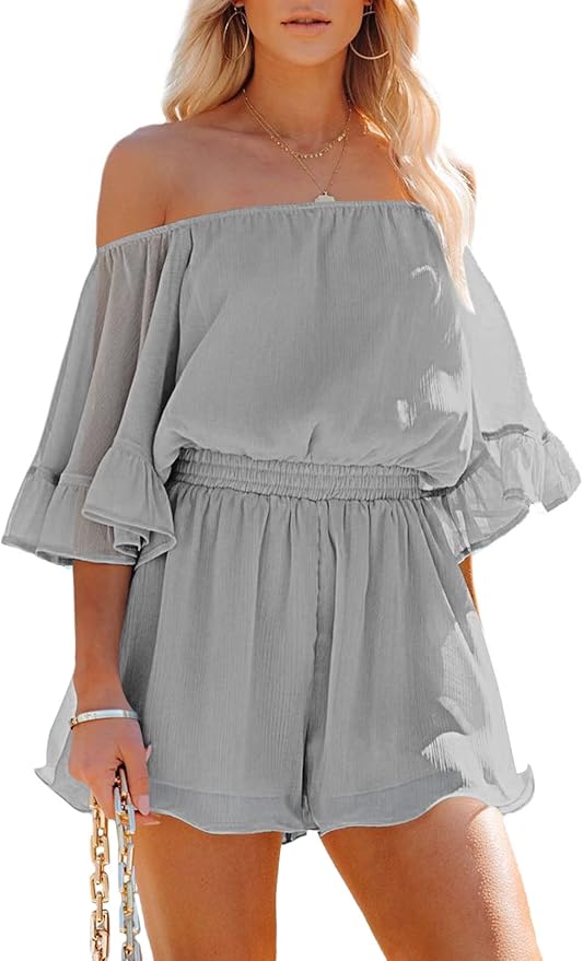 Fixmatti Women Boho Summer Romper Casual Floral Print Off Shoulder Strapless Shorts Jumpsuits