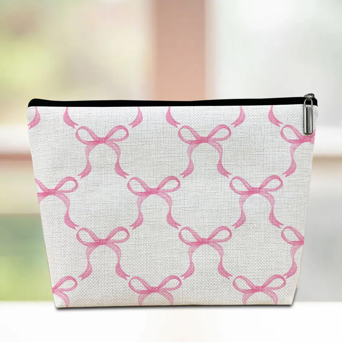 Kosmetiktasche Mit Pinker Schleife – Niedliche Make-up-Tasche Aus Leinen, 19x25 Cm, Perfekt Als Geschenk